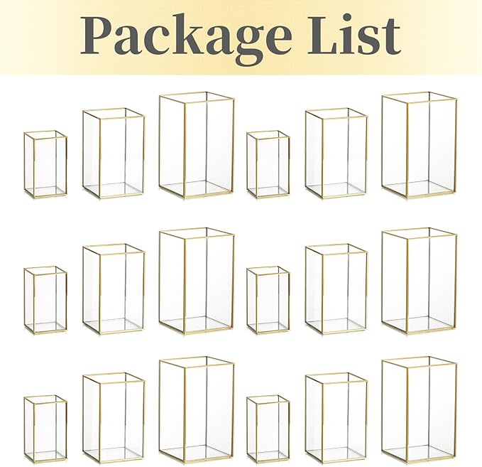 Glass Hurricane Candle Holder Large - Hewory 18pcs Gold Rectangle Flower Holders Centerpiece for Table, Tall Floor Square Pillar Candle Lantern for Wedding, Anniversary, Party, Fireplace, Dining Room-Ruum Studio Home
