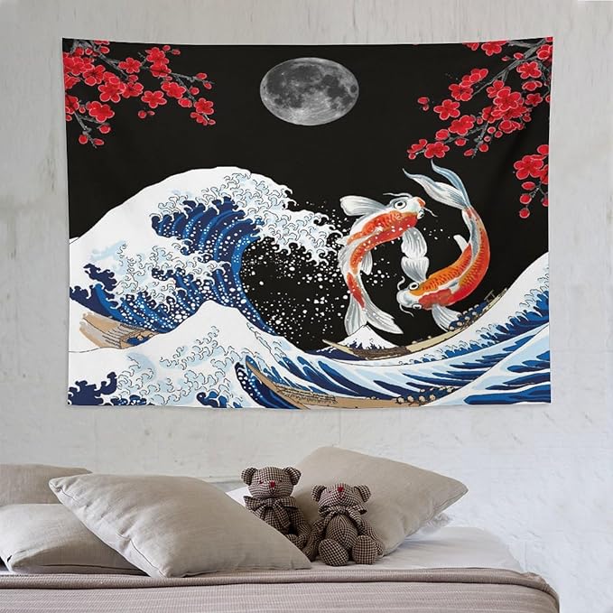 Houselerax Japanese Koi Fish Tapestry, Yin Yang Big Wave Red Cherry Blossom Tapestries Wall Hanging for Bedroom Living Room Office Decor 80"x60"-Ruum Studio Home