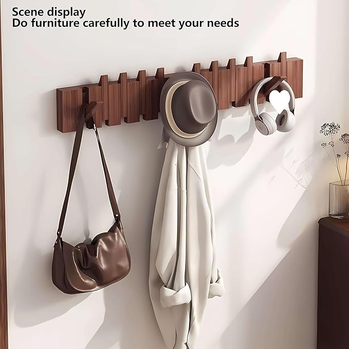Wall Mounted Piano Key Hanger | Flip Style Hook | Entrance Wall Art Hook, Made of Oak Wood (3 Times Painted, 4 Times Polished) (Walnut, 10Hooks)-Ruum Studio Home
