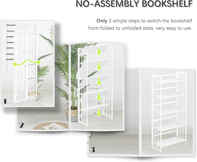 4NM No Assembly 5 Tiers Folding Bookshelf, 59.4" H Foldable Storage Shelves Vintage Bookcase Standing Racks Study Organizer Home Office - All White-Ruum Studio Home