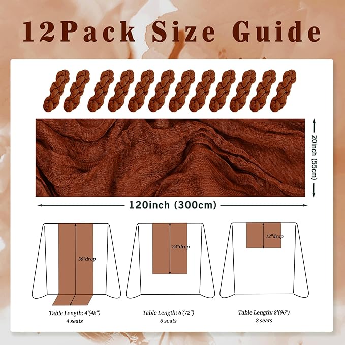 12 Pack Terracotta Cheesecloth Table Runner 10FT Boho Rustic Cheese Cloth Table Runner for Wedding 20 x 120 Inch Long Bridal Shower Baby Shower Gauze Fabric Sheer Birthday Party Table Decorations-Ruum Studio Home