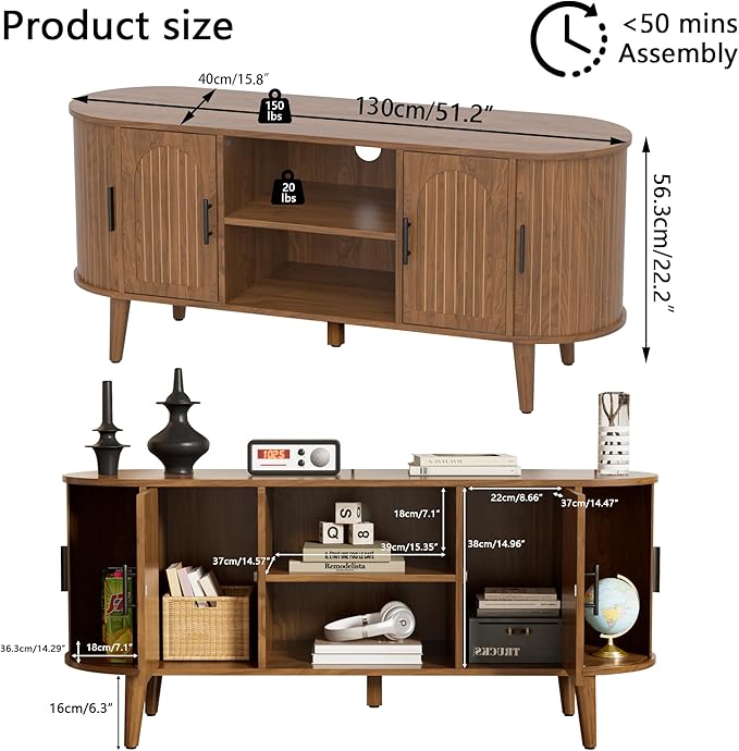 51" Fluted TV Stand, Mid-Century Modern Entertainment Center for Tvs up to 60" with Drawers and Fluted Doors, Curved TV Media Console Table with Sliding Doors for Living Room, Bedroom (51")-Ruum Studio Home