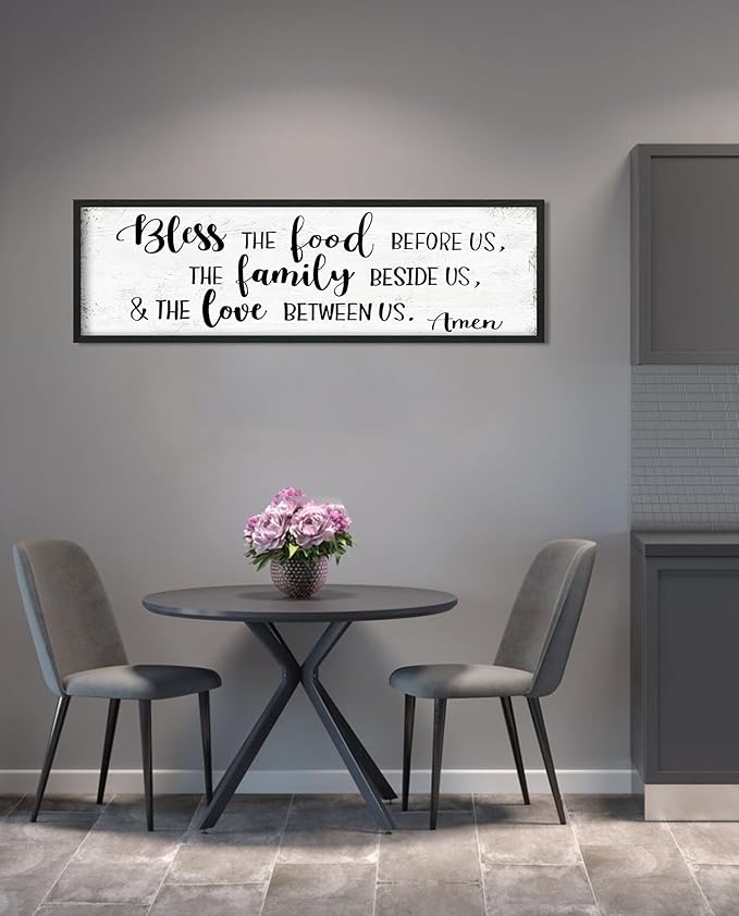 Bless the Food Before Us Wall Decor: Farmhouse Rustic Kitchen Signs Wall Decor Framed Hanging Wall Plaques 12" x 40",Inspirational Quotes The Family Beside Us Signs-Ruum Studio Home