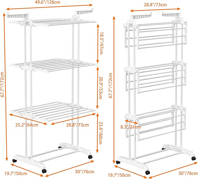 HOMIDEC Clothes Drying Rack, Large 4-Tier Foldable Drying Rack Clothing(67.7H x 19.7W x 30L Inches), Movable Drying Rack with 4 castors. Multifunctional Stainless Steel Laundry Drying Rack, White-Ruum Studio Home