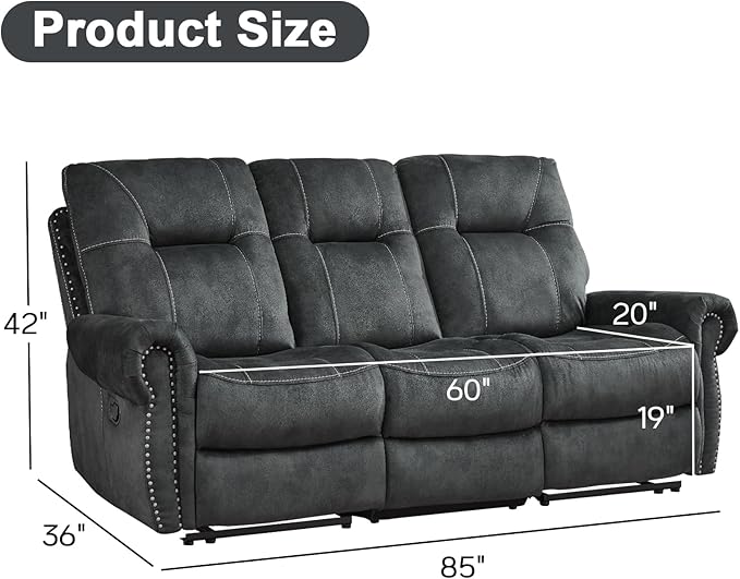 EBELLO Manual Recliner 3 Seat Sofa Couch, Soft Fabric 3 Seater Reclining Couch Chair, Vintage Rivet Mid-Century Design Furniture for Living Room, Meeting Room, Grey-Ruum Studio Home