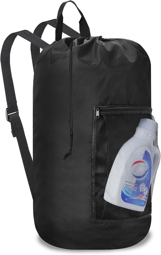 Femuar Laundry Bag Backpack Durable Laundry Bag with Shoulder Straps and Mesh Pockets Portable Laundry Dirty Clothes Hamper Bag for College Dorm (Black)-Ruum Studio Home