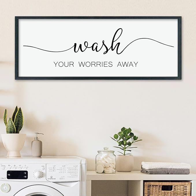 LuZhiQiang Wash Your Worries Away Sign Bathroom Wall Art Decor 40"×15" Large Wood Framed Laundry Room Funny And Artwork Wall Hanging (Black)-Ruum Studio Home
