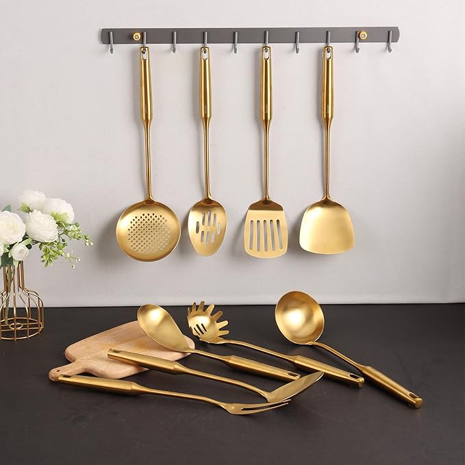 Gold Kitchen Utensils Set - 18/10 Stainless Steel Cooking Tools, 15" All Metal Serving Utensils with Fork, Solid/Slotted Spoon, Spatula, Ladle, Skimmer, Tunner, Pasta Spoon, Large Spoon, Set of 9-Ruum Studio Home
