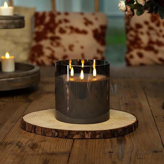 Homemory 6X6'' Extra Large Flameless Candle with 3 Wicks, Glass LED Pillar Candle, Real Wax Battery Operated Candle with Remote Control and Timer, Grey-Ruum Studio Home