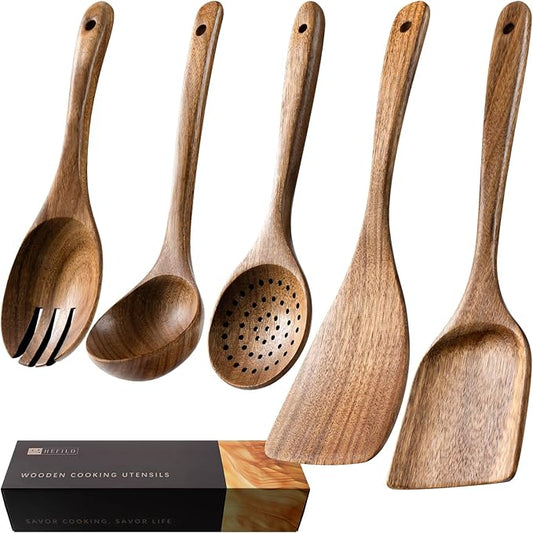 Wooden Spoons for Cooking, Nonstick Cooking Utensil Set with 5 Piece Acacia Wooden Spatulas and Spoons for Cooking, Terrific for Everyday Kitchen Tasks-Ruum Studio Home