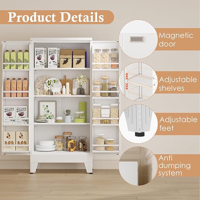 51" H Metal Kitchen Pantry Storage Cabinet, Freestanding Cupboard Storage Cabinet with Doors and Adjustable Shelves, Large Stand Up Food Cupboard for Living Room, Dinning Room, White-Ruum Studio Home