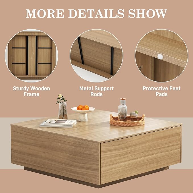 43” Square Coffee Table with Storage, 43" D x 43" W x 17" H Modern Large Square Center Table with 2 Drawers, Wood Coffee Table for Living Room, Light Brown,Bedroom,Light Brown-Ruum Studio Home