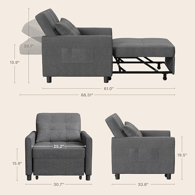 Noelse Convertible Futon Sofa Bed, 3-in-1 Multi-Functional Sleeper Chair Bed, Adjustable Backrest Recliner with Modern Linen Fabric for Living Room Bedroom Apartment Small Space, Dark Grey-Ruum Studio Home