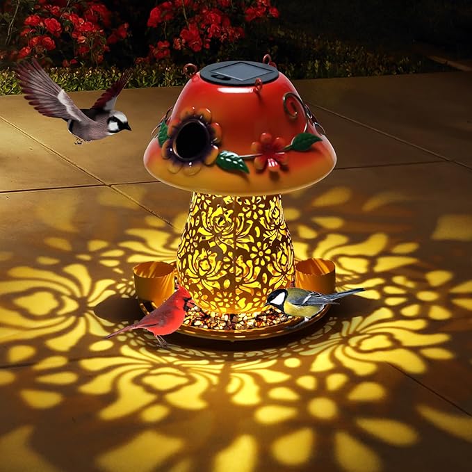 Mushroom Solar Bird Feeders for Outdoors Hanging Metal Wild Bird Feeder Garden Lantern with S Hook for Garden Decoration Orange-Ruum Studio Home