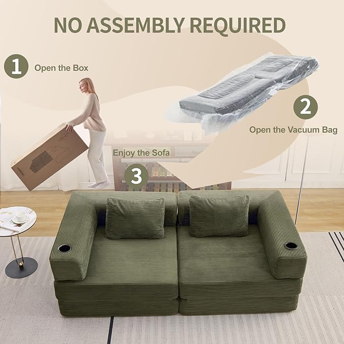 78" W Loveseat Sofa, 4 in 1 Convertible Floor Sofa Bed, Boneless Cloud Couch with Cup Holder, Fold Out Floor Couch, Loveseat Recliner Sleeper for Living Room Bedroom Lounge(Corduroy, White)-Ruum Studio Home