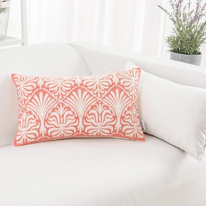HWY 50 Pink Decorative Lumbar Pillow Cover Rectangle 12x20 Inch (1 Piece), Embroidered Cotton Farmhouse Cushion Cover Pillow Case for Sofa Couch Living Room Bed, Minimalist Floral-Ruum Studio Home