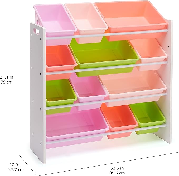 Amazon Basics Kids Toy Storage Organizer With 12 Plastic Bins, White Wood With Pink Bins, 10.9" D x 33.6" W x 31.1" H-Ruum Studio Home