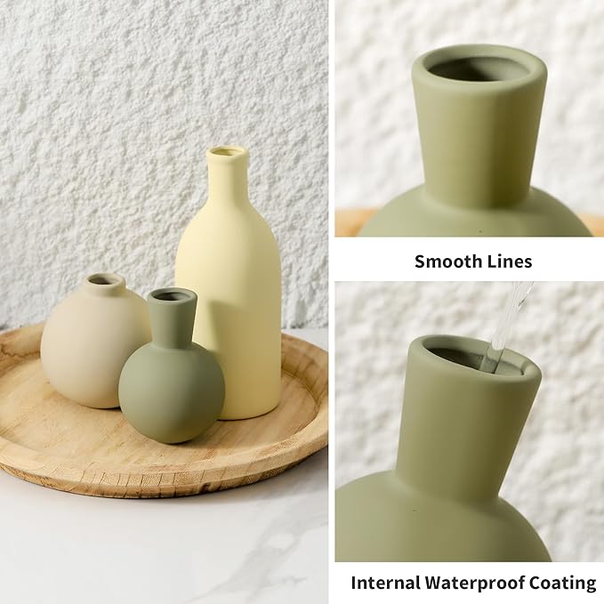 Vase Set of 3, Ceramic Vases Home Decor Flower Decorative Table Decor Vase Pottery Neutral Vases for Tray Table Mantel Living Room Kitchen Bedroom Bathroom Entryway -Light Color-Ruum Studio Home