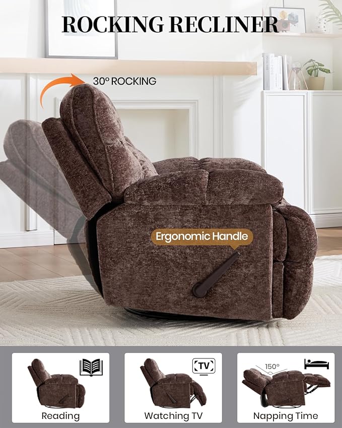 Oversized Recliner Chair Manual Swivel Rocker Recliner for Living Room Chenille Overstuffed Nursery Reclining Sofa Chair Rocking Recliners for Adults 400lbs (Manual, Brown)-Ruum Studio Home