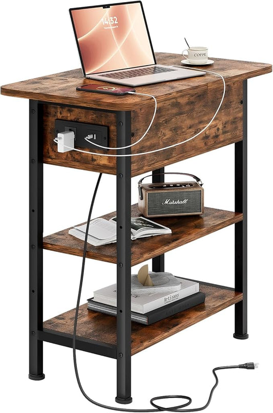 End Table with Charging Station, Flip Top Side Table with USB Ports and Outlets, 3-Tier Small Side Table with Storage for Small Space, End Tables for Living Room/Bedroom, Brown-Ruum Studio Home