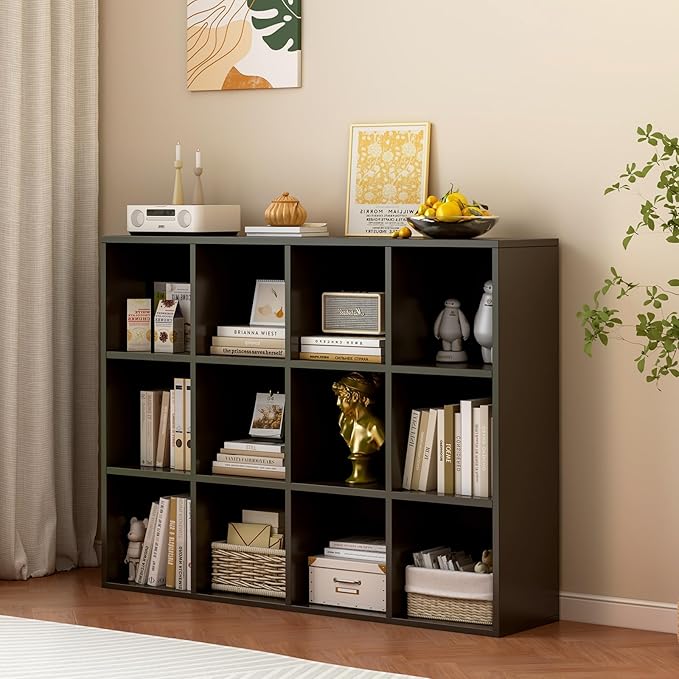 12-Cube Storage Shelf Bookcase - Wooden 3-Tier Floor Standing Open Bookshelf for Home and Office, Display Cabinet, Black-Ruum Studio Home