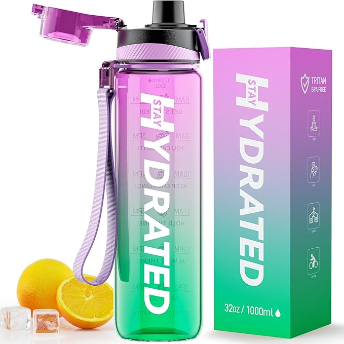 Water Bottle, 32 oz Motivational Water Bottles with Time Marker-Tritan & BPA Free, Sports Water Bottle with Time to Drink & Strap, Wide Mouth, Leakproof -Gift for Christmas Gym Fitness & Outdoor-Ruum Studio Home