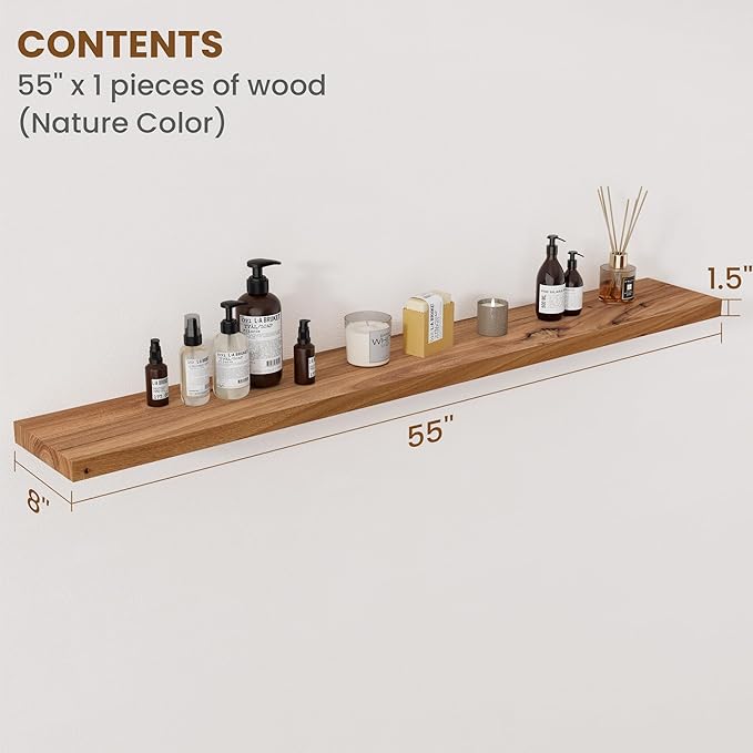 Floating Shelves for Wall Decor, 8" Deep Rustic Solid Elm Wood Floating Shelves Wall Mounted, Wall Shelves with Invisible Bracket for Living Room Bathroom Bedroom Kitchen, 55 Inch Set of 1, Natural-Ruum Studio Home