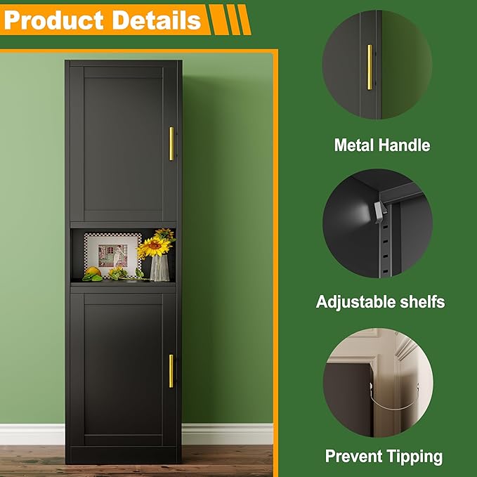 Tall Narrow Storage Cabinet 66.93" H Tall Bathroom Cabinet Metal Pantry Cabinets, 4 Adjustable Shelves for Kitchen, Home Office, Living Room, Dinning Room (20 inches Wide Black)-Ruum Studio Home
