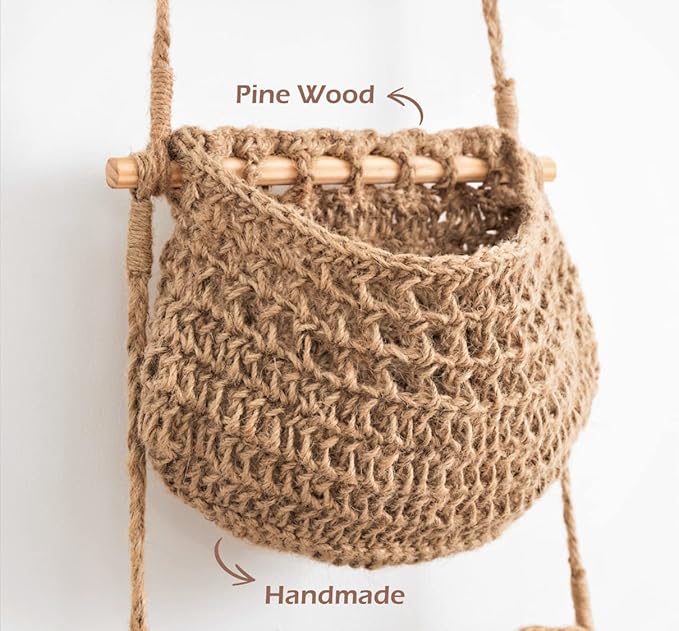 Hanging Fruit Basket, 3 Tier Woven Jute Wall Hanging Basket for Organizing, Hanging Produce Basket for Fruit & Vegetable Storage, Boho Kitchen Decor, Wall Basket Storage for Kitchen, Bedroom, Bathroom-Ruum Studio Home
