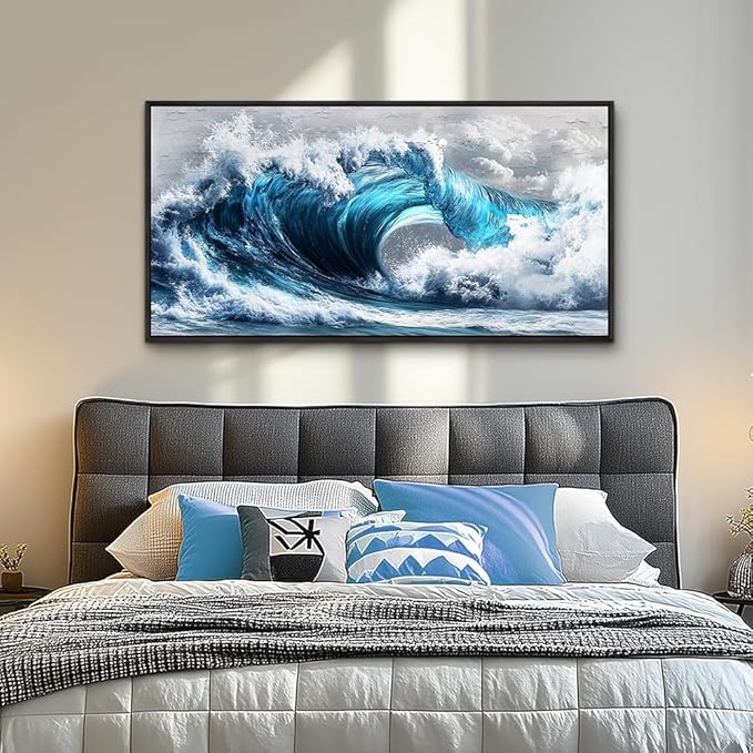 PHAOHUAXM Large Canvas Wall Art For Living Room Wall Decor For Bedroom Ocean Inspiration Wall Pictures Office Mural Decorations Posters Blue Wave Paintings Modern Home Decor Black Framed 24x48 In-Ruum Studio Home