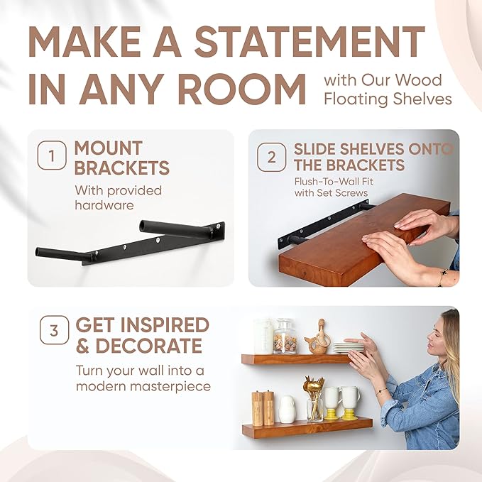 Homeforia Oak Floating Shelves 30 inch Long, High End Solid Real Wood 30inch Floating Shelf for Wall Mounted, Honey Oak Wooden 30in Floating Shelves, Heavy Duty Bracket, 30 X 6.5 X 1.75 in, Set of 2
