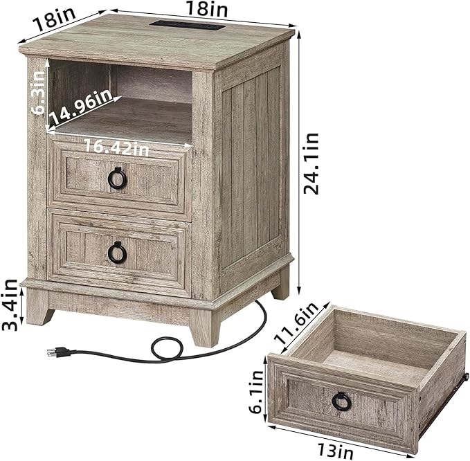 18" Farmhouse Night Stands Set of 2 with Charging Station, 2 & 3 Drawers End Table Dresser for Bedroom, Oak Wooden Nightstand, Bed Side Table with Open Shelf, Bedside Cabinet for Living Room-Ruum Studio Home