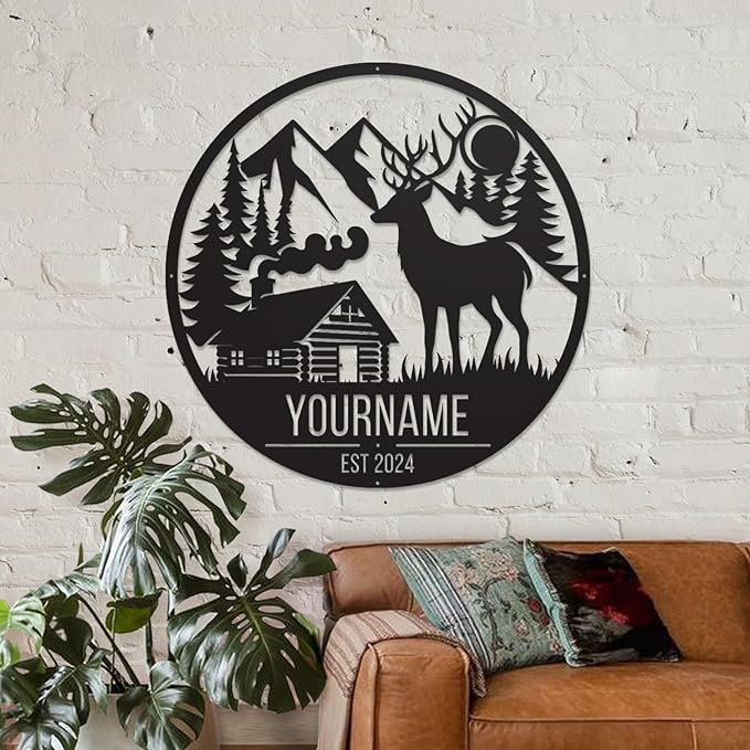 Personalized Deer Forest Name metal Signs,Custom Shed Metal Wall Decor,Black Deer Metal Wall Art Decor,Deer Home Metal Signs Plaques,Outdoor wall Decorative Signage (Style B)-Ruum Studio Home