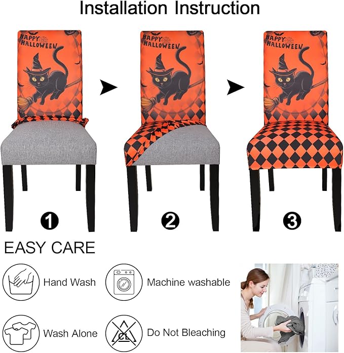 JQinHome Orange Halloween Chair Slipcover,Cat Chair Covers Set of 6, High Stretch Washable Chair Protector Cover for Dining Room, Kitchen,Home Party,Wedding Ceremony(Cat Orange,6PC)-Ruum Studio Home