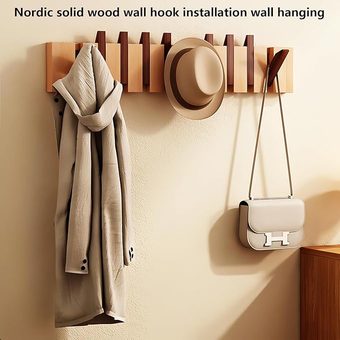 Wall Mounted Piano Key Hanger | Flip Style Hook | Entrance Wall Art Hook, Made of Oak Wood (3 Times Painted, 4 Times Polished) (Walnut-Beech, 4Hooks)-Ruum Studio Home