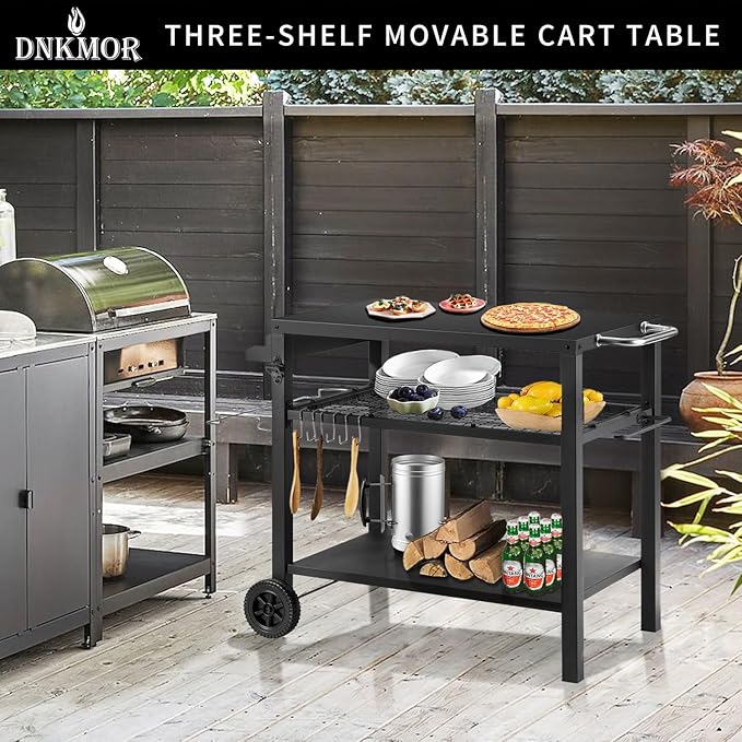 Dining Cart Table with Three Shelf, Movable Outdoor BBQ Grill Pizza Oven Stand with Three Hooks, Kitchen Cart Island Multifunctional Food Prep Table for Inside and Outside (Black)-Ruum Studio Home