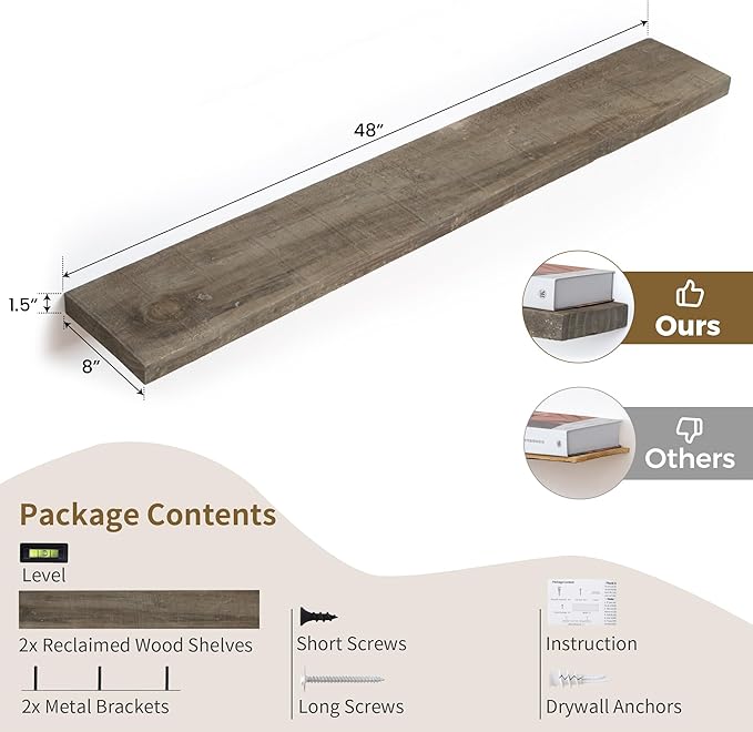 48 Inch Fireplace Mantel Shelf - 8 Inch Deep Rustic Solid Reclaimed Wood Floating Shelf, Wall Mounted Farmhouse Display Shelf with Invisible Heavy Duty Metal Bracket, Set of 2, Cement Grey-Ruum Studio Home