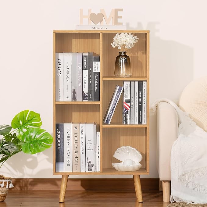 LEYAOYAO Wooden 5 Cube Bookshelf, Natural 3 Tier Book Shelf with Legs, Modern Open Storage Organizer,Boho Bookcase,Display Cabinet Shelf Free Standing Bookshelves for Bedroom,Living Room,Study-Ruum Studio Home