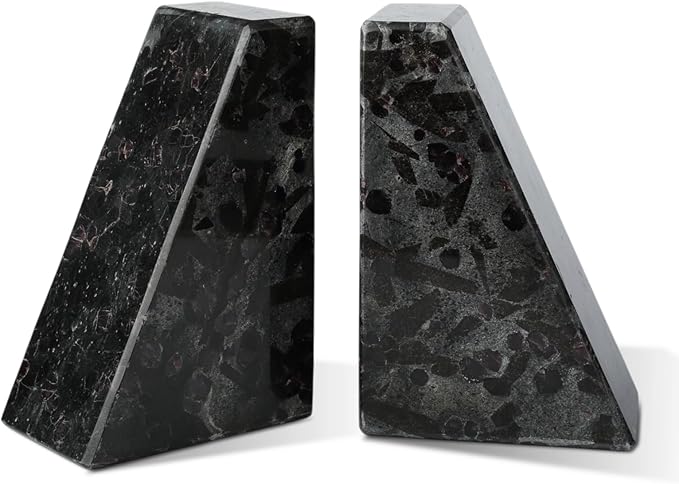 Marble Bookend for Heavy Books, Decorative Bookends for Shelves, Durable and Heavy-Duty Book End for Hardback Book & CDS, Unique Book Stopper & Holder, Meteorus, Set of 2-Ruum Studio Home