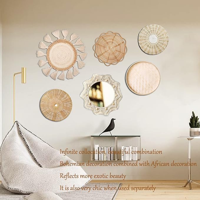 Boho Wall Basket Decor Set - Flat Woven Macrame Tapestry, Mirror White Round Tassels, Handmade Rattan Wicker Seagrass Wall Basket-Ruum Studio Home
