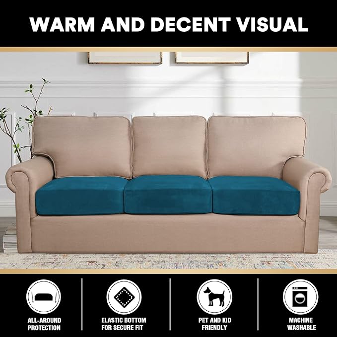 PrinceDeco Stretch Sofa Cushion Covers for Couches and Sofas,Soft Velvet Couch Seat Covers, Sofa Covers Washable, Seat Cushion Cover for 3 Couch Sofa Pet Friendly - Deep Teal, Each Width Up to 29.5"-Ruum Studio Home