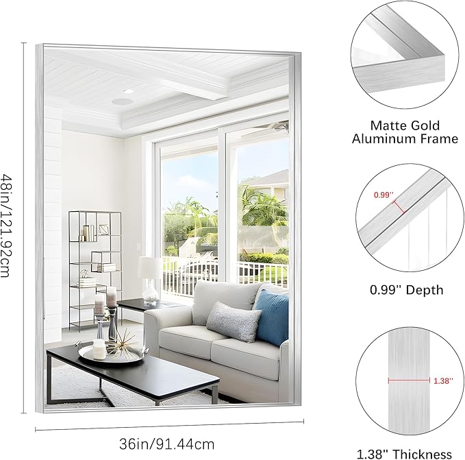 Silver Bathroom Mirror, 36x48 Inch Rectangular Deep Frame Mirror, Large Wall Mounted Bathroom Vanity Mirror Over Sink for Bedroom,Restroom, Living Room, Hangs Vertically or Horizontally-Ruum Studio Home