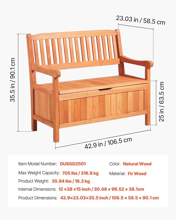 VEVOR Outdoor Storage Bench, 2-Person Wooden Storage Bench, 33 Gallons Deck Box with Side Handle, Supports up to 705 lbs, Weatherproof Outdoor Seating & Porch Decor, for Patio Garden Balcony Yard-Ruum Studio Home