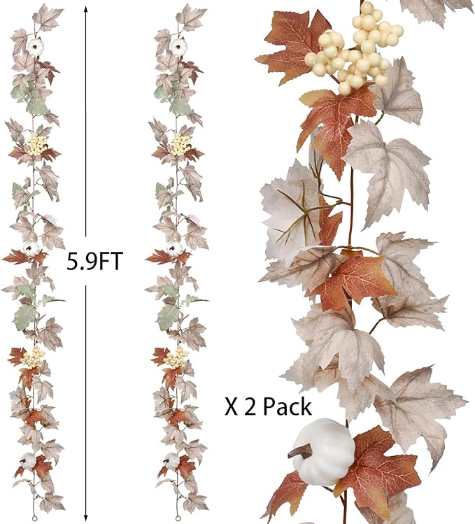 Lvydec 2 Pack Fall Maple Garland - 5.9ft/Piece Artificial Fall Foliage Garland Colorful Autumn Decor for Home Wedding Party (White&Green)-Ruum Studio Home