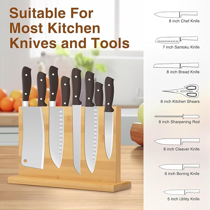 Magnetic Knife Block 28 x 19 Inches, Double Sided Magnetic Knife Holder Rack for Kitchen Counter, Acacia Wood Magnetic Knife Storage Stand with Knife Sharpener-Ruum Studio Home