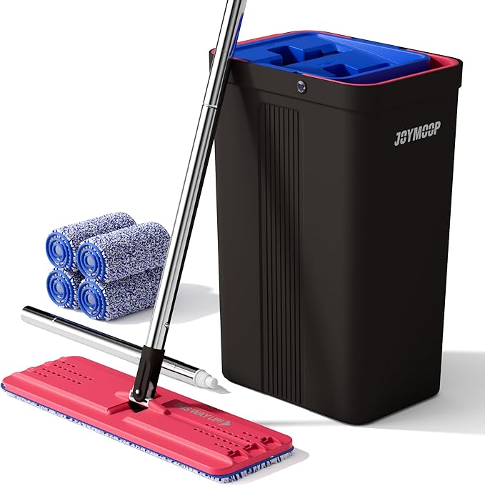 JOYMOOP Mop and Bucket with Wringer Set, Hands Free Flat Floor Mop and Bucket, with 4 Washable Microfiber Pads, Wet and Dry Use, Floor Cleaning System - Black+Red+Slate Blue-Ruum Studio Home