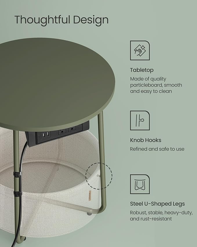 VASAGLE Side Table with Charging Station, Round End Table with Fabric Basket, Nightstand with Power Outlets, USB Ports, for Living Room, Bedroom, Modern, Forest Green and Cream White ULET228C04-Ruum Studio Home