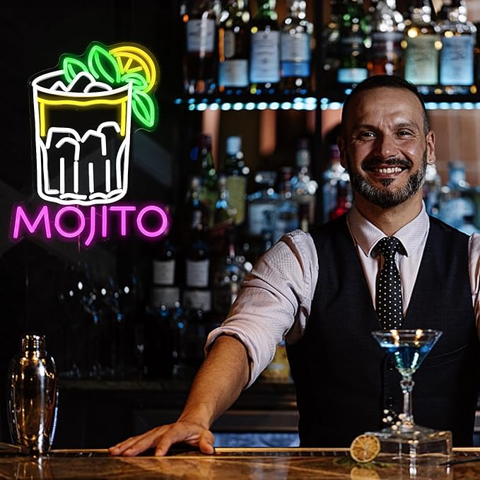 Mojito Neon Sign Mojito Cocktail Neon Light for Wall Decor Dimmable LED USB Powered Mojito Light Up Sign for Bar Club Party Home Bar Man Cave Living Room （16.7 * 12.8In）-Ruum Studio Home
