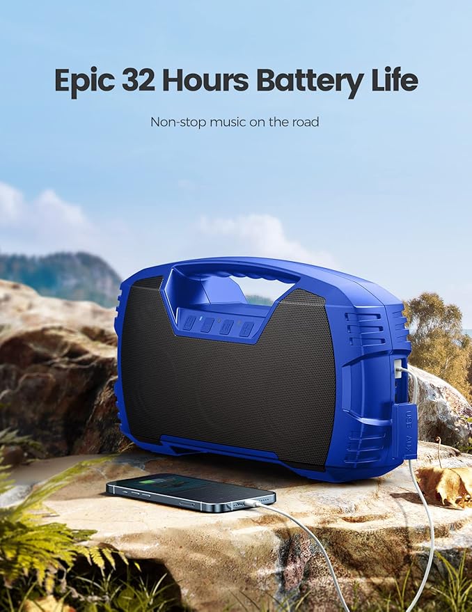 Houl Zallee IPX7 Waterproof Bluetooth Speaker, 40W (60W Peak) Portable Wireless Speakers, 32H Playtime, Stereo Loud Sound, Deep Bass, Bluetooth 5.0, Built-in Mic for Camping, Party, Gifts, Beach-Blue-Ruum Studio Home