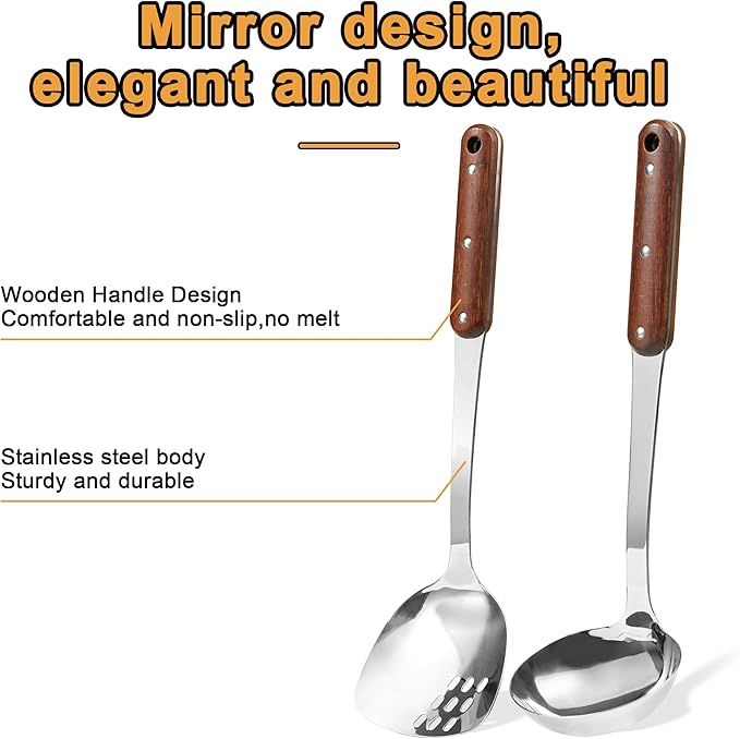 FJNATINH Stainless Steel Wok Spatula and Ladle Tool, Mirror Polished Cooking Utensils Set Metal Wok Accessories with Wooden Handle,Easy to Clean Kitchen Utensils,Sliver-Ruum Studio Home